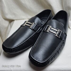 AMALI black faux leather Driving Shoe With Silver Double Bar Ornament size 11